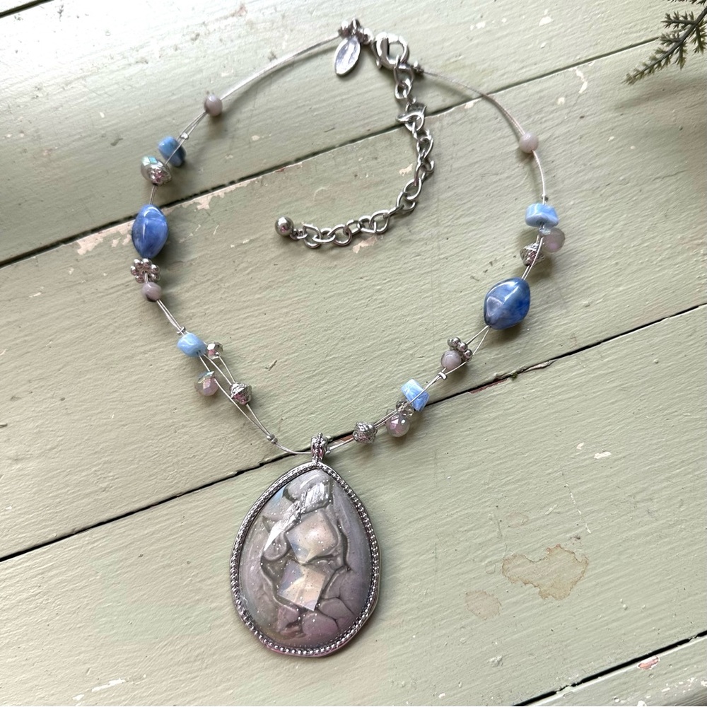 Chico’s Necklace Blue Skies Nosz Three Strand Wire Bead Faux Labradorite Pendant